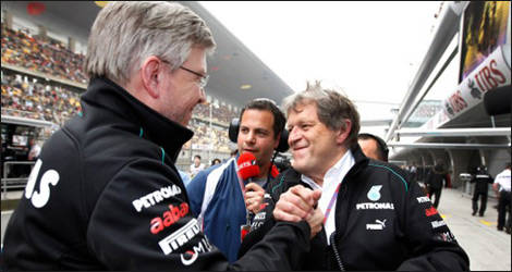 Ross Brawn (left) and his boss Norbert Haug congratulating each other (Photo: Mercedes-AMG-F1.com)