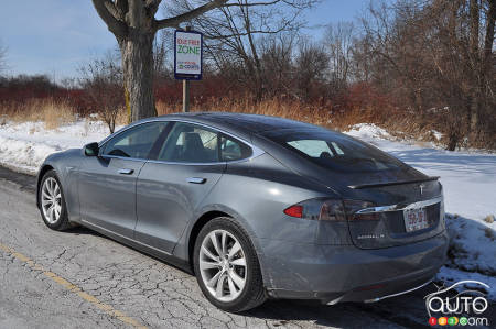 The 2014 Tesla Model S, three-quarters rear