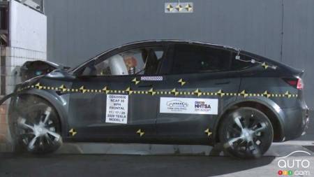 A 2020 Tesla Model Y during an NHTSA crash test