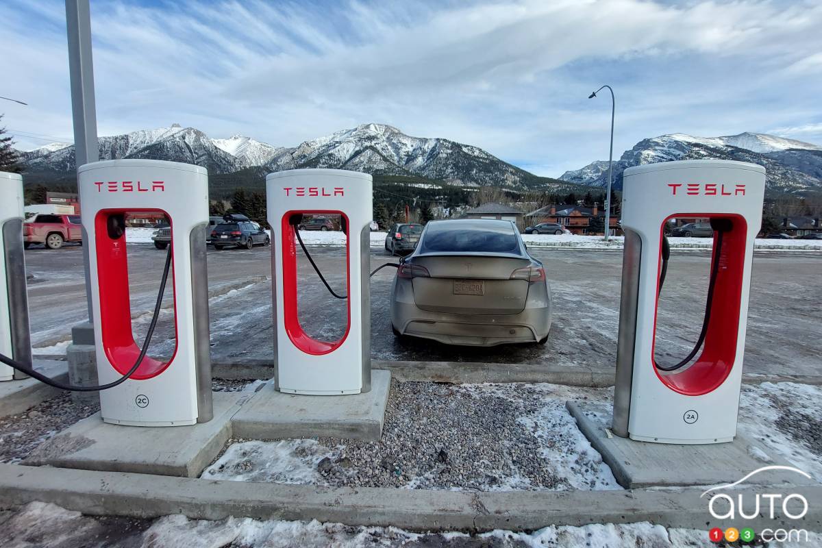 Une station de bornes Tesla, en Alberta