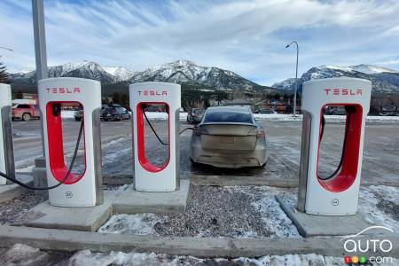 A Tesla Model Y, charging up in Alberta