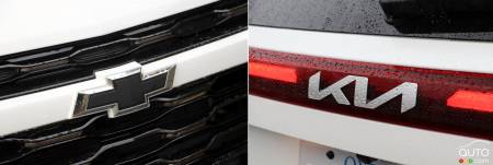 Logos of 2024 Chevrolet Trax and 2024 Kia Seltos