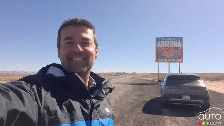 Patrick Nadeau in his Hyundai Ioniq 5 in Arizona