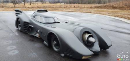 The replica of Tim Burton's Batmobile, three-quarters front