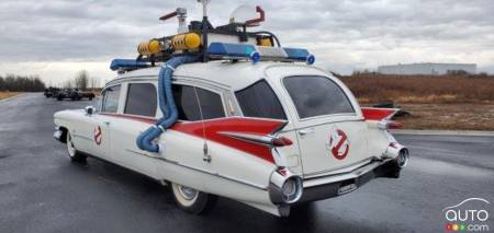 The replica of the Ghostbusters hearse, a 1959 Cadillac, three-quarters rear