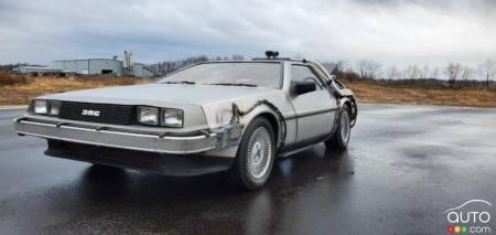 The replica of Doc's DeLorean, three-quarters front