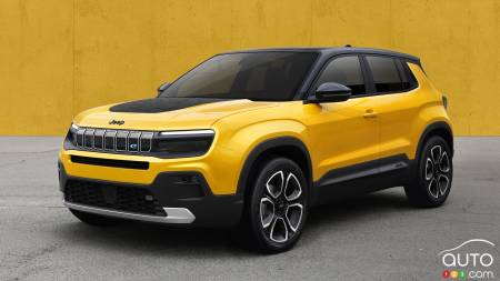 The future Jeep all-electric SUV, three-quarters front