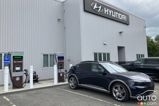 The 2024 Genesis GV60 charging at Bill Dodge, who runs a... Hyundai dealership
