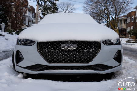 The 2021 Genesis G70, under the snow