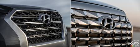 Front grilles of the 2020 and 2023 Hyundai Palisade