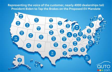 Map of dealerships per state supporting call for U.S. government to slow down EV mandates
