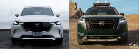 The 2024 Mazda CX-90 and 2023 Nissan Pathfinder, front