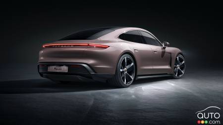 2021 Porsche Taycan with RWD, three-quarters rear