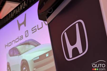 The Honda logo, during a presentation of the 0 SUV concept