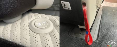 Button on the seat top, and red strap: two ways to fold down seats