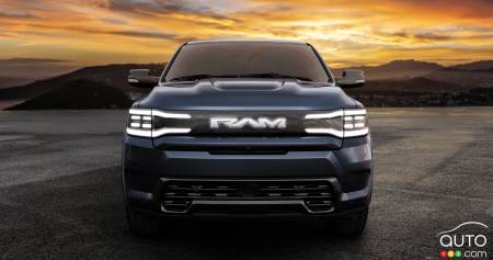 The front end of the Ram 1500 Rev electric pickup