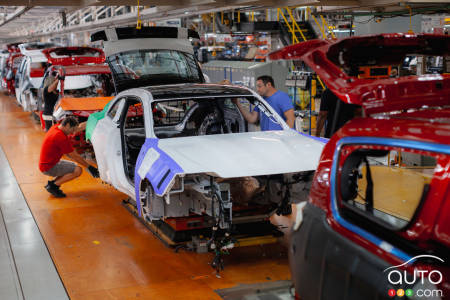 An assembly line inside Stellantis' plant in Windsor, Ontario