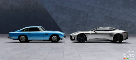 Les Aston Martin DB5 1963 et DB12 2024, de profil