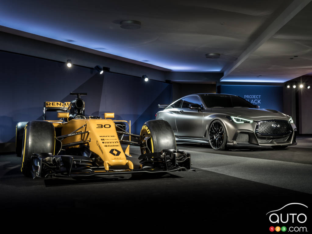 INFINITI Project Black S concept next to a Renault F1 car
