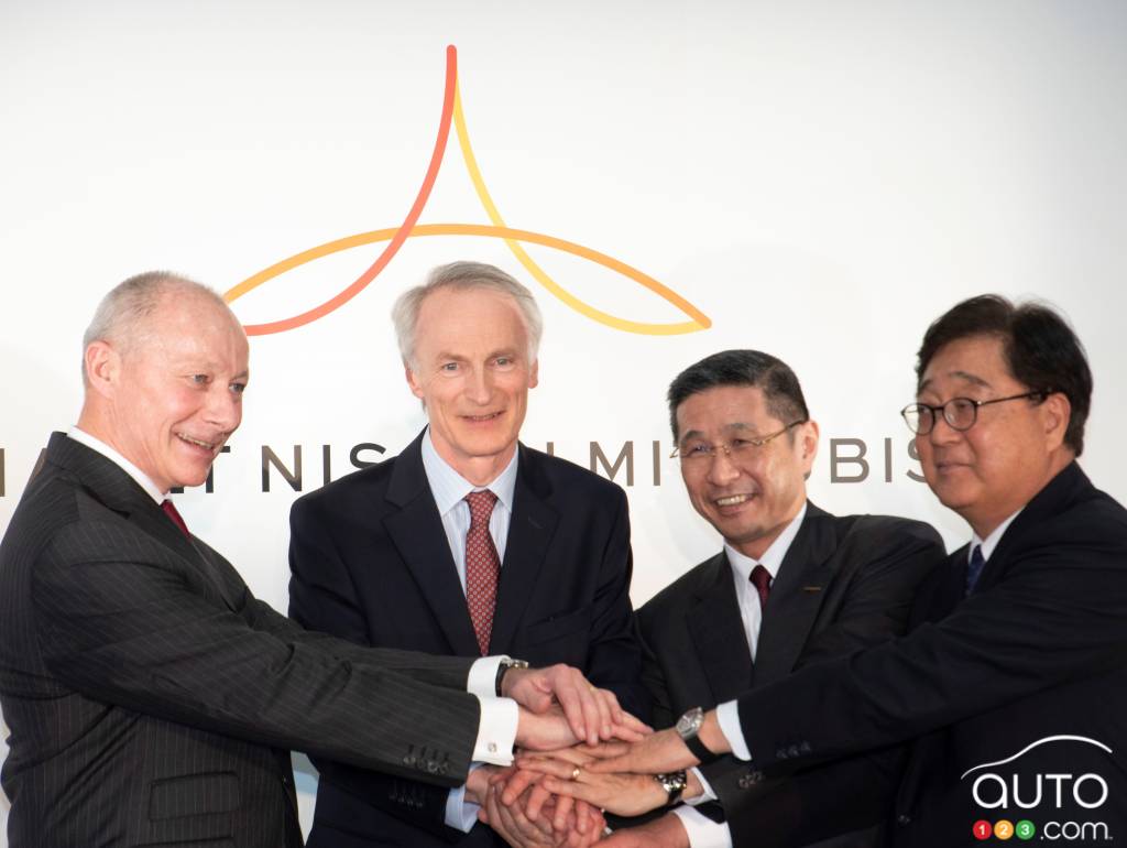 Jean-Dominique Senard, Chairman of Renault, Hiroto Saikawa, Nissan CEO, Thierry Bolloré, Renault CEO and Osamu Masuko, Mitsubishi Motors CEO