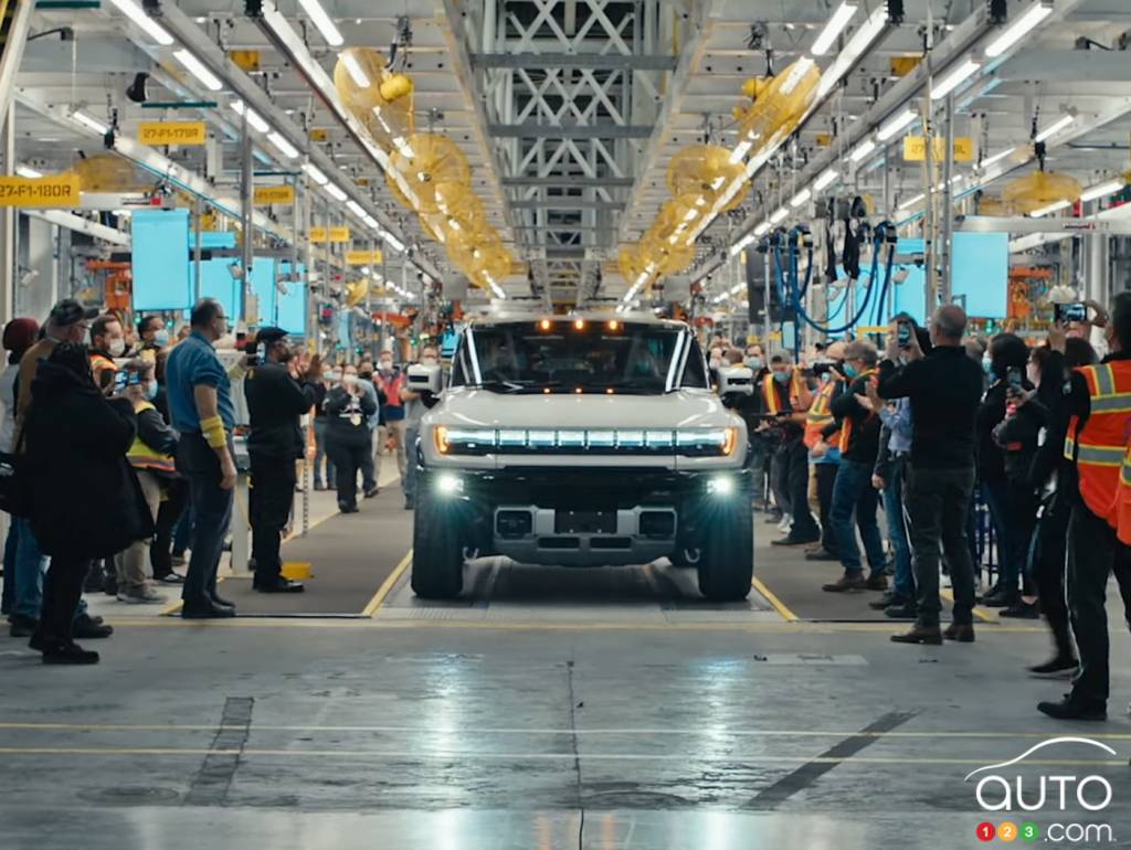 A Hummer EV coming off the assembly line