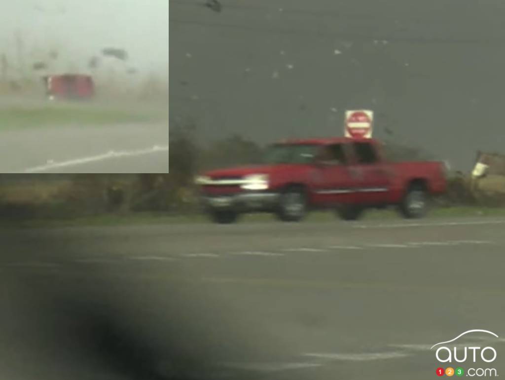 The Chevrolet Silverado leaving the scene of the tornado