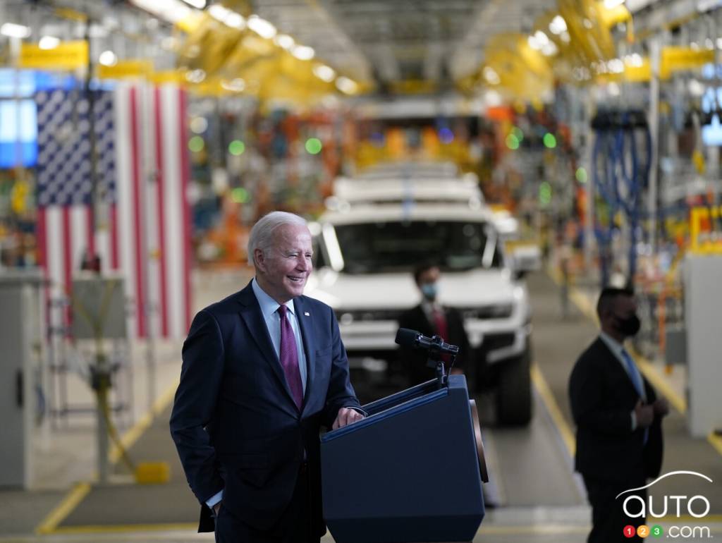 President Joe Biden at GM's Detroit plant making the GMC Hummer, in April