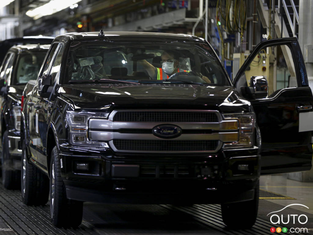 Ford pickups on the assembly line