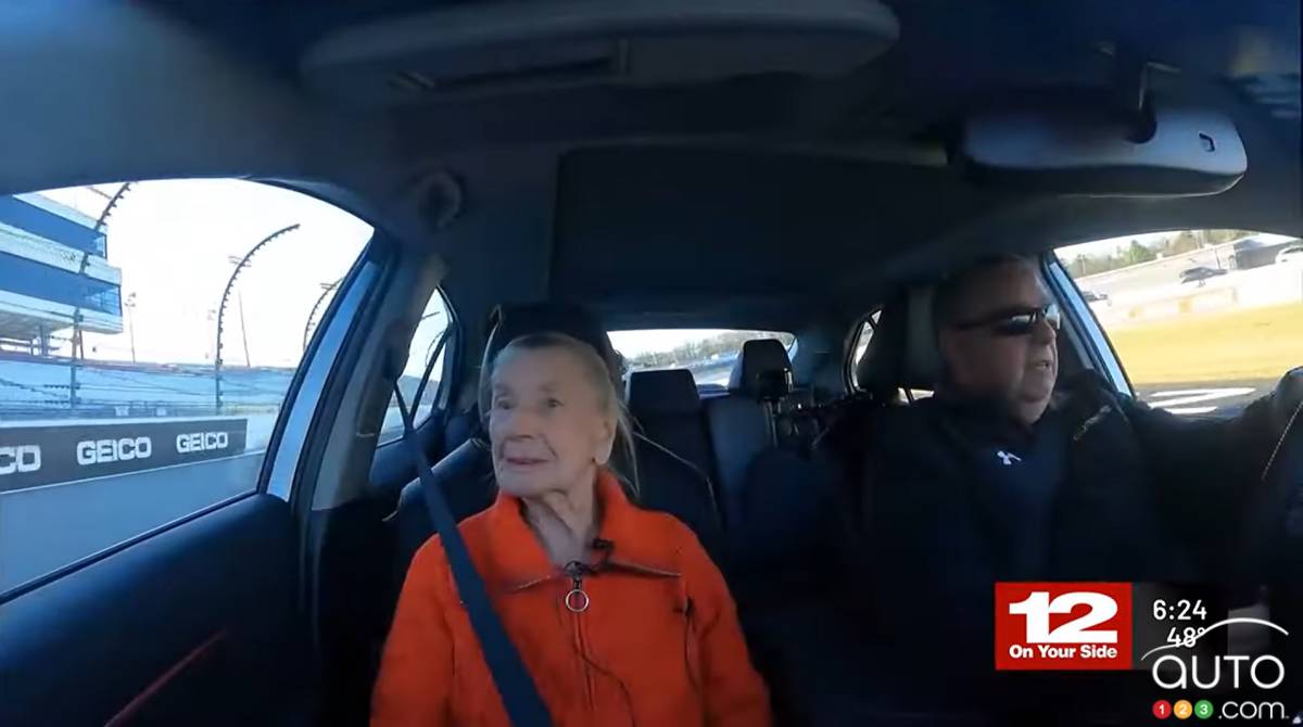 Woman Hitches Ride on a NASCAR track... at 102 Years Old