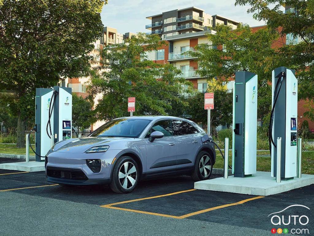 A 2025 Porsche Macan EV, at an Electrify Canada charging station