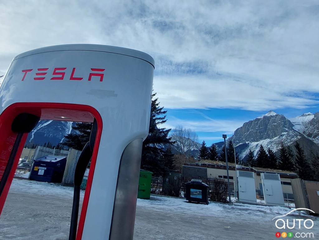 A Tesla supercharging station
