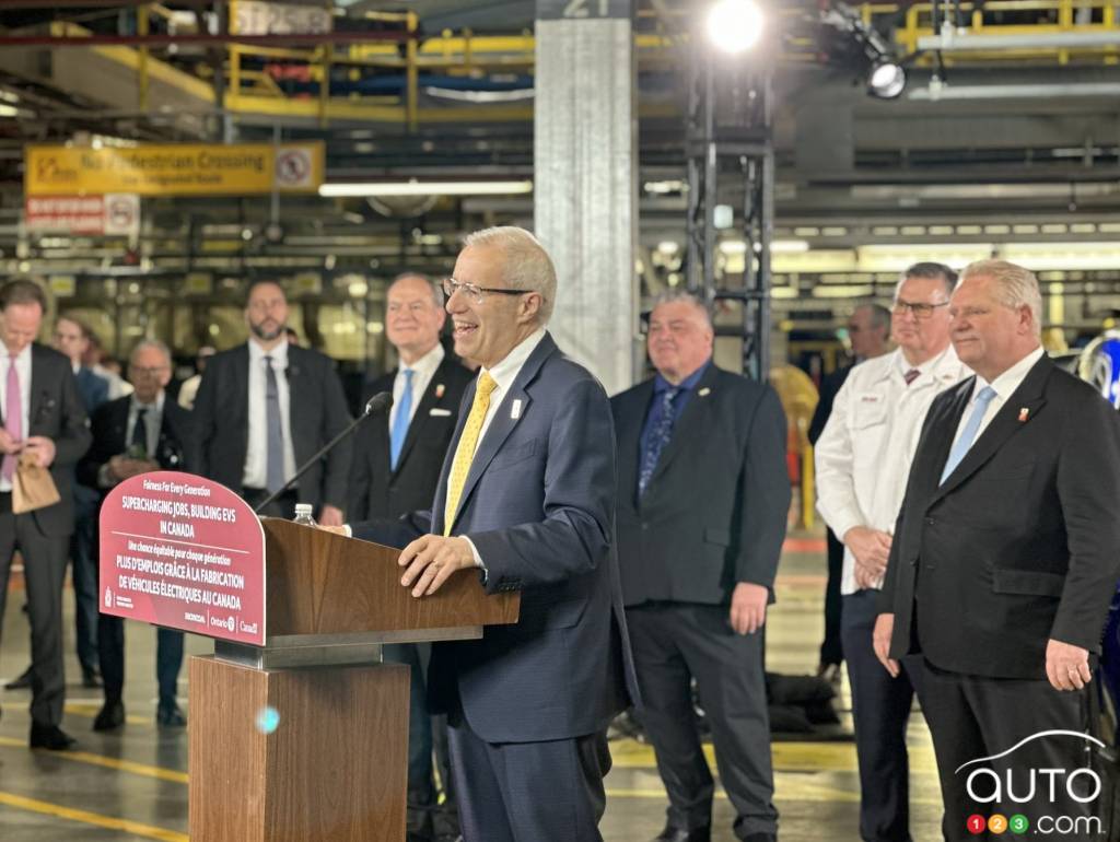 Ontario Minister Victor Fedeli announcing deal with Honda on battery plant, in April