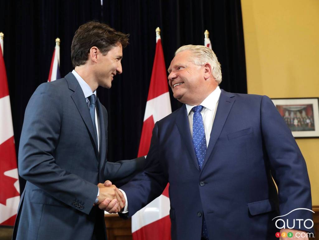 Le premier ministre fédéral Justun Trudeau et le premier ministre ontarien Doug Ford, en 2018