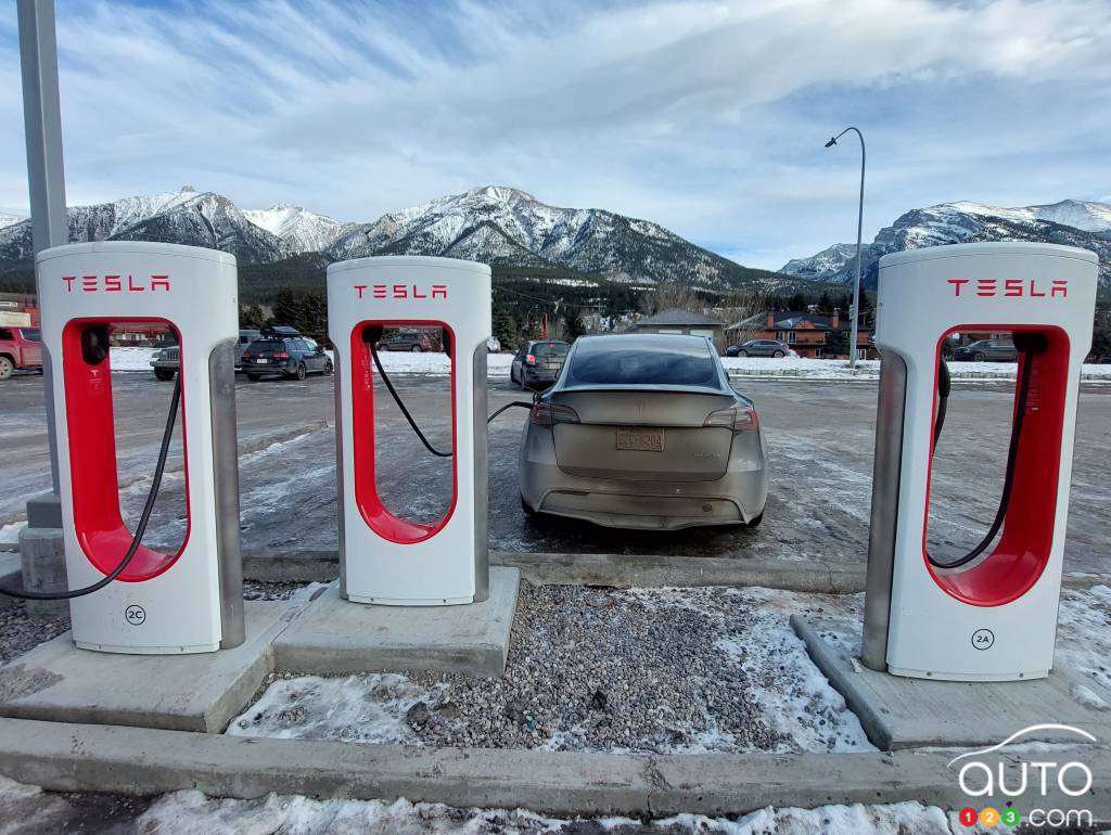 Un Tesla Model Y au chargement, en Alberta