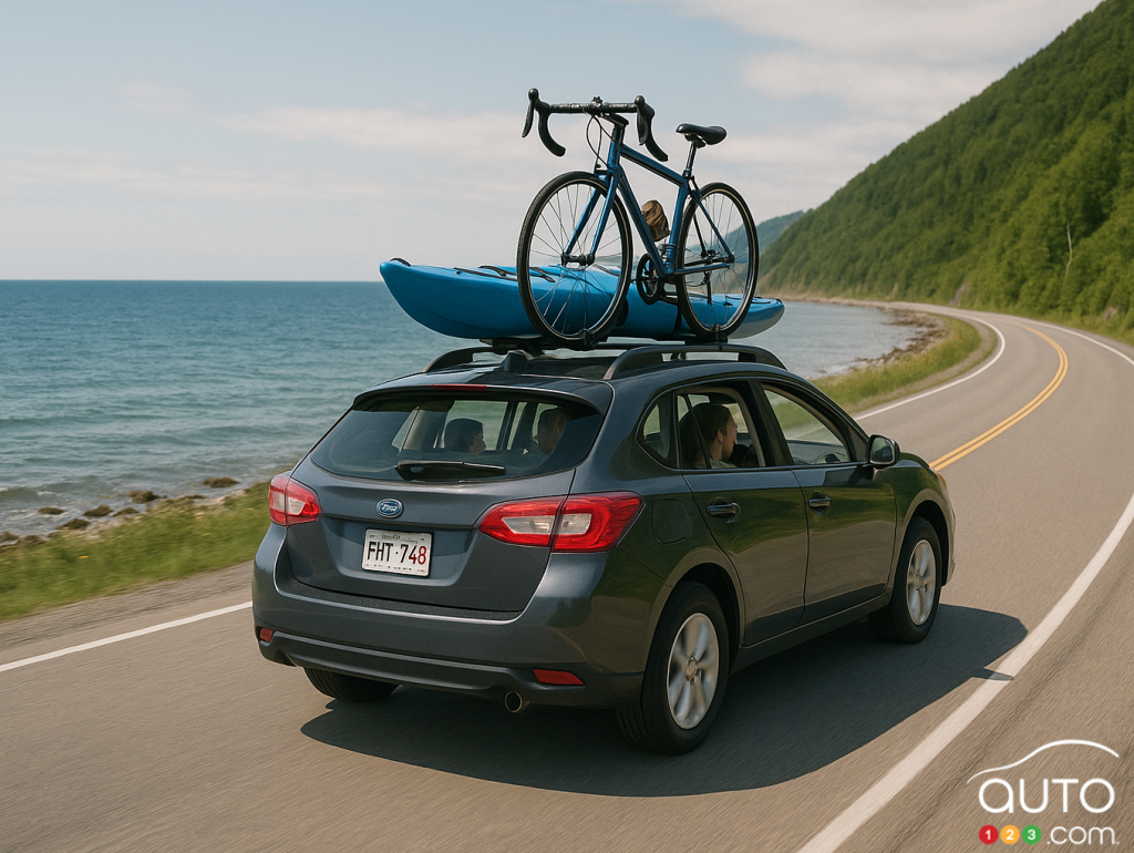 Subaru vehicle driving on a road in Gaspé