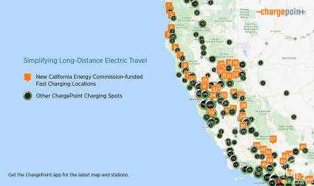 Carte indiquant les bornes Chargepoint sur la côte californienne, en 2024