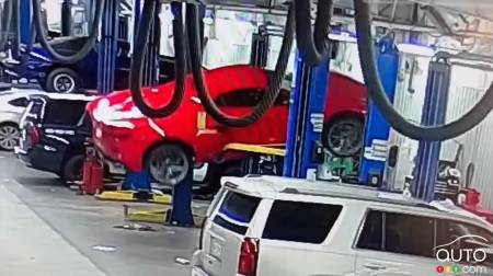 The Corvette starts to fall harder off the lift