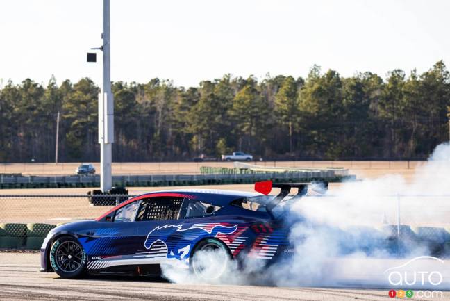 The Ford Mustang Mach-e NASCAR, in profile