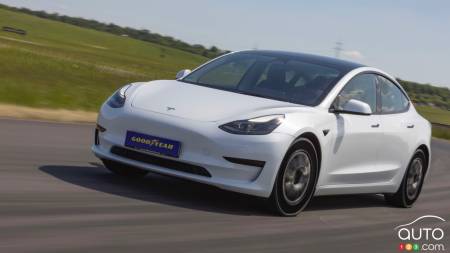 A Tesla Model 3 with Goodyear's airless tire in testing