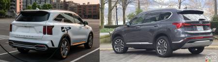 2023 Hyundai Santa Fe PHEV vs 2023 Kia Sorento PHEV, three-equarters rear