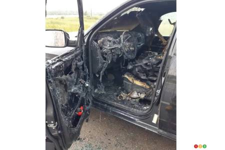 Damage from the lightning strike on a pickup truck in Manitoba