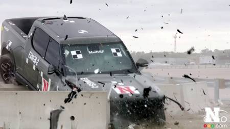 The Rivian R1T during a test to measure safety barriers' effectiveness