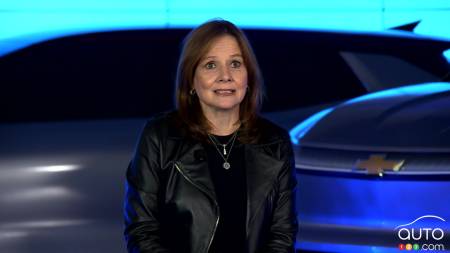 Mary Barra of General Motors, possibly in front of the future electric Silverado