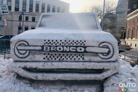 The Ford Bronco snow sculpture, front