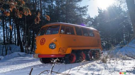 The Volkswagen Half-Track Fox, three-quarters front, in the snow