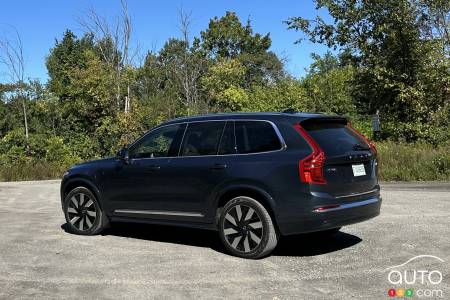 The 2025 Volvo XC90 T8, three-quarters rear