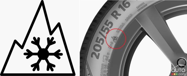 Symbol indicating a tire is certified for use in winter in Quebec, parts of British Columbia and other regions of Canadae qui indique que le pneu est certifié pour usage en hiver