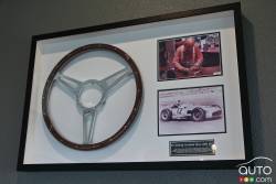 A frame with a steering wheel that Stirling Moss used