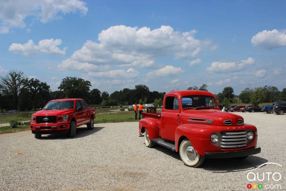 Two generations of Ford trucks