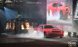 The 2018 Dodge Challenger SRT Demon announces its arrival with a burnout in New York on April 11, 2017. The Challenger SRT Demon is powered by an 840-horsepower supercharged 6.2-liter Demon V-8 engine. 